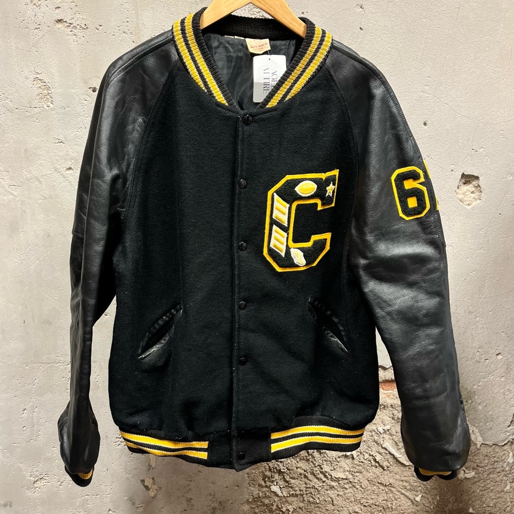 Vintage 80s Wool & Leather Black Yellow C High School Varsity Jacket 6-7 67 46L